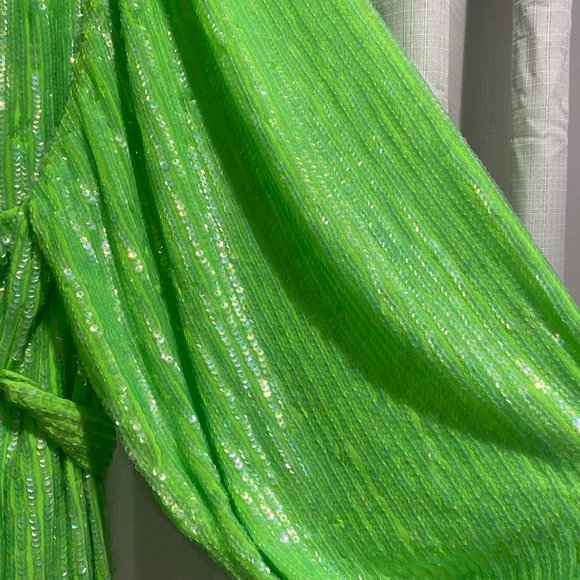 ASOS EDITION crystal sequin wrap midi dress with blouson sleeve in lime green - Picture 4 of 4